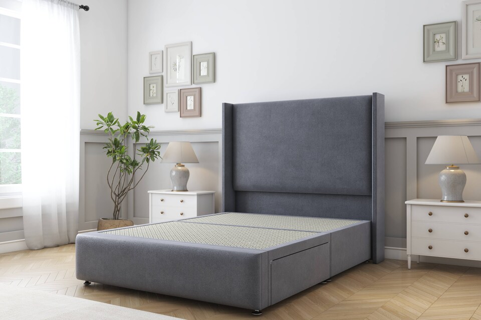 image 1 of Sloomy Stratford Steel Plush Divan Bed Base No Drawers With 54 Inch Wingback Headboard & 12 Inch Matching Footboard | Grey | Steel | Small Single | 1
