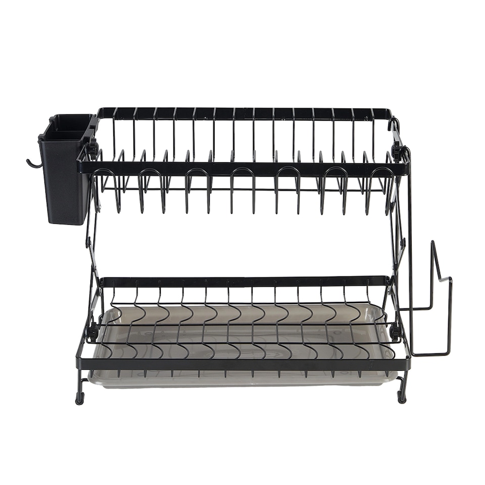 image 1 of Living and Home Foldable 2-Tier Dish Drying Rack with a Drip Tray | Black