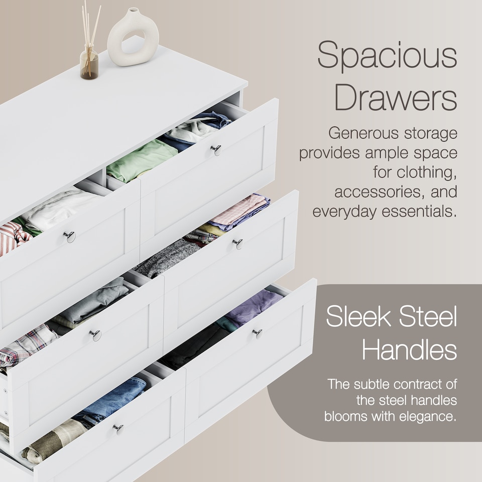 image 1 of Vida Designs Altino White 6 Drawer Chest Storage Cabinet - H: 76.5cm x W: 100cm x D: 36cm