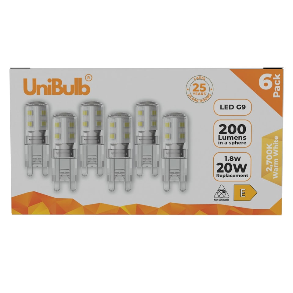 image 1 of UniBulb LED G9 200lm 1.8W 2700K (Warm White) Light Bulb - Pack of 6