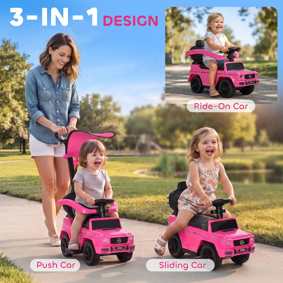 image 1 of HOMCOM Kids Ride-on Push Car 3 in 1 Benz G350 Baby Floor Slider Walker, Pink