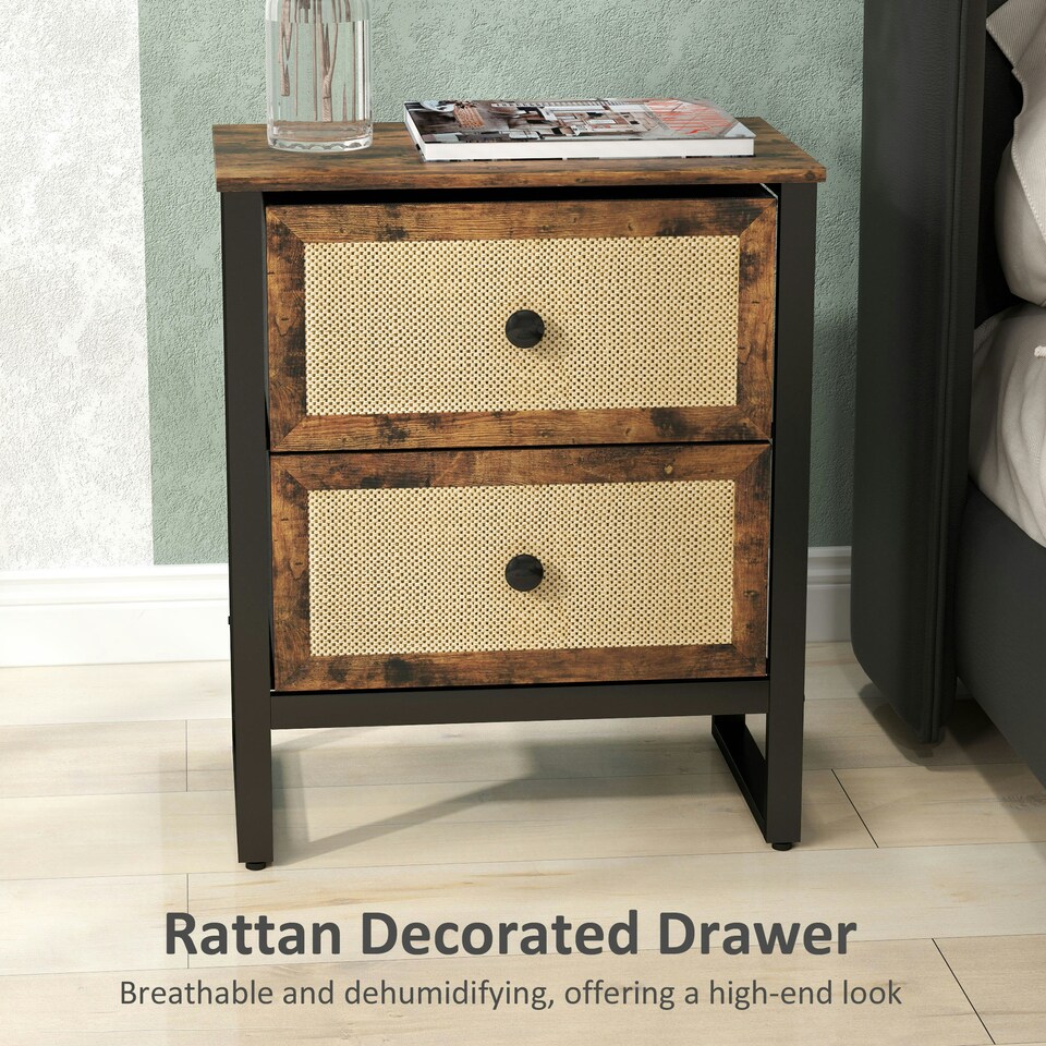 image 1 of HOMCOM Bedside Table with 2 Rattan Drawers and Steel Legs, Rustic Brown