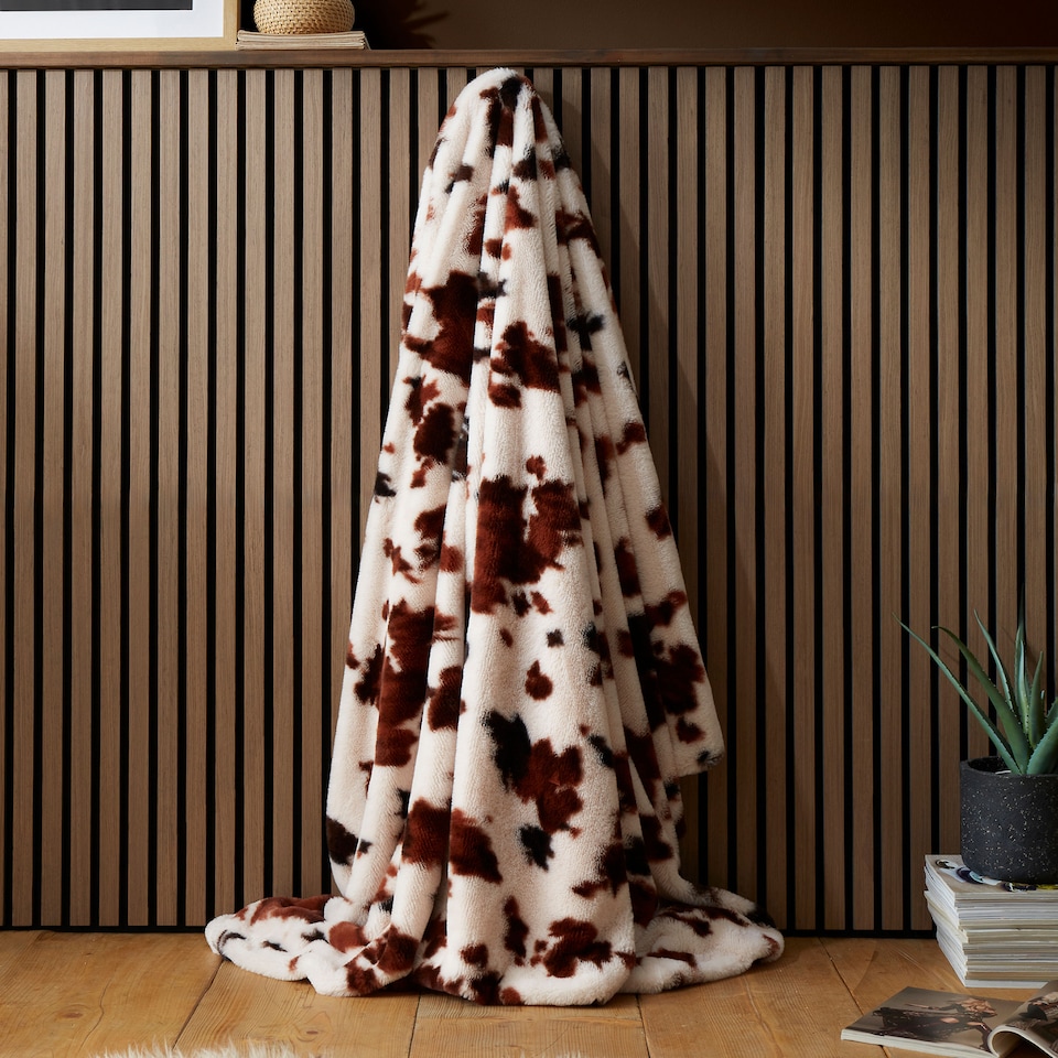 image 1 of Fusion Cow Print Faux Fur Bedspread Natural