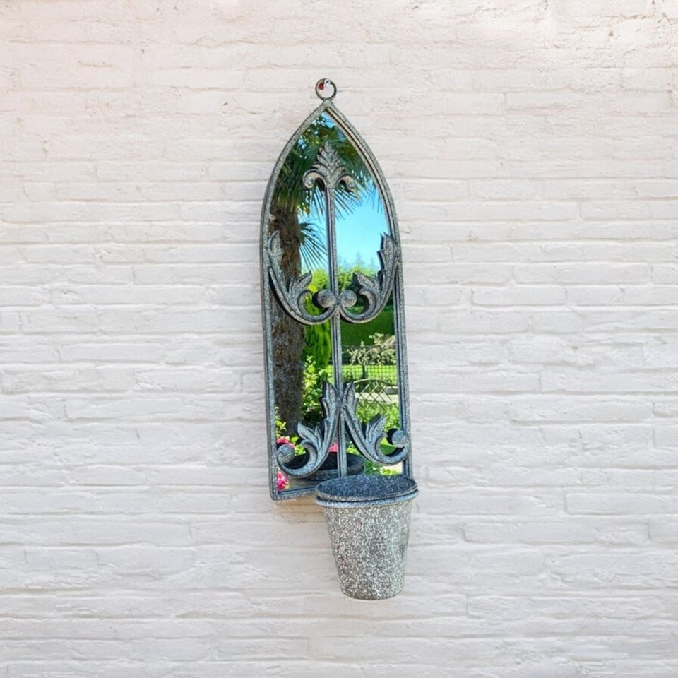 image 1 of Rusty Wall Mirror with Single Planter for Garden Décor - Distressed Metal - L15 x W20 x H65 cm Grey