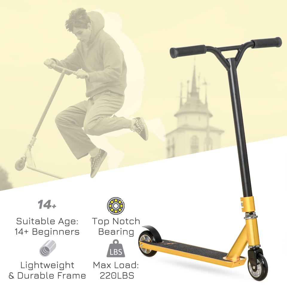 image 1 of HOMCOM Stunt Scooter, 360 degree Entry Level Tricks Scooter with Lightweight Aluminium Deck and ABEC 7 Bearing, For Age 14 older Beginners, Gold Tone