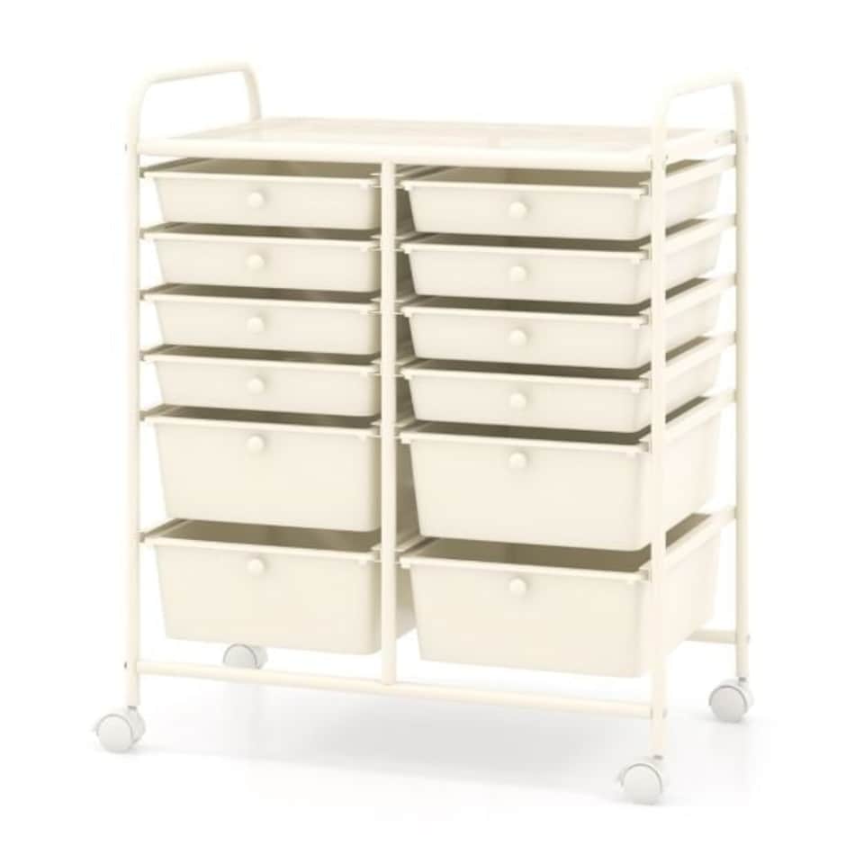 image 1 of COSTWAY 12 Drawer Rolling Storage Cart Office Utility Cart White
