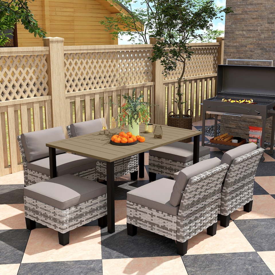 image 1 of Outsunny 7 PCS Rattan Garden Dining Set with Cushions, Umbrella Hole, Grey | Grey | Grey | 1