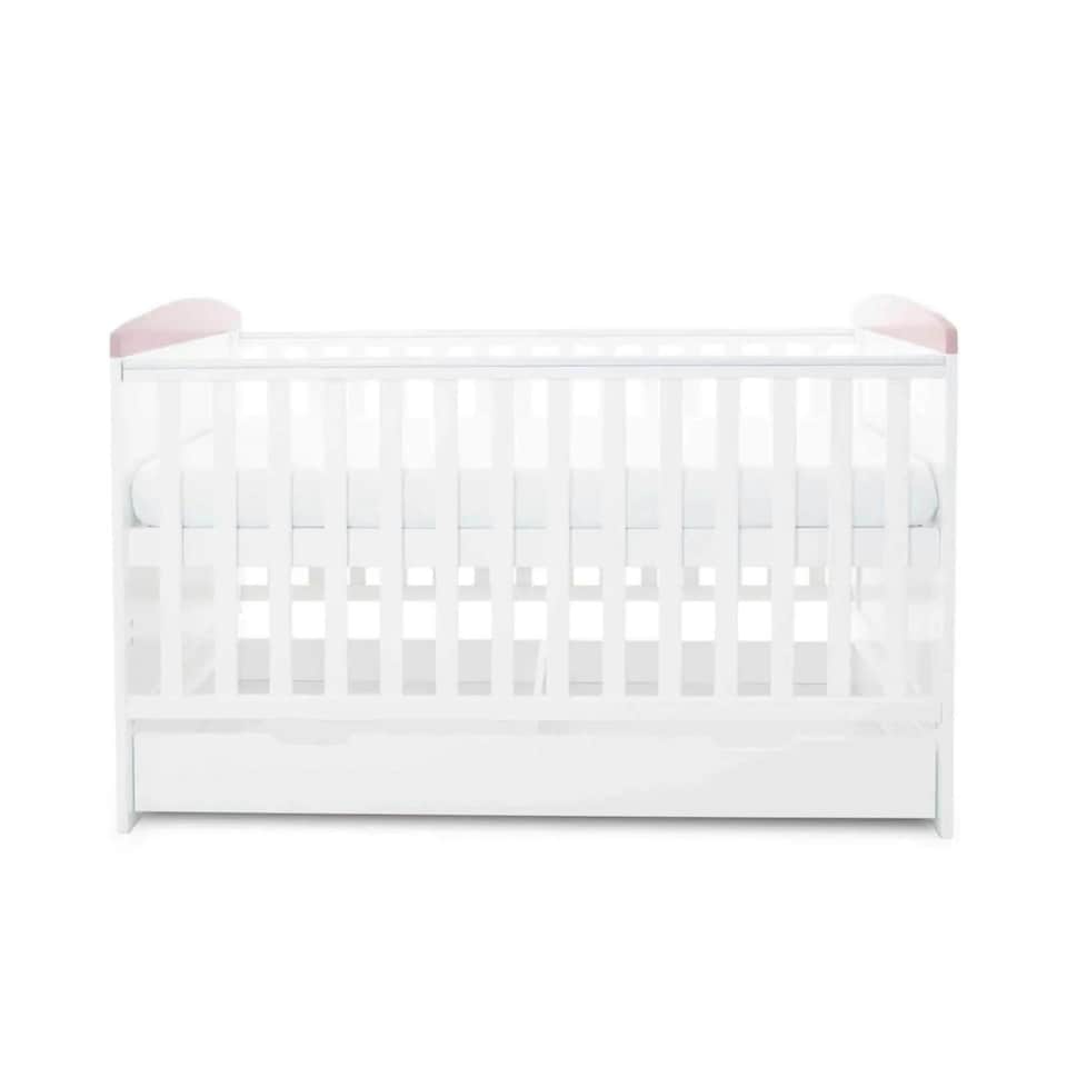 image 1 of Ickle Bubba Coleby Style Cot Bed with Under Drawer Elephant Love Pink - Premium Sprung Mattress