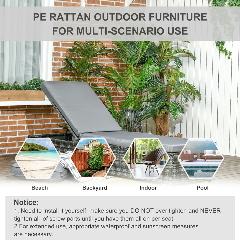 image 1 of Outsunny Patio Rattan Chaise Lounge Garden Pool Wicker Sun Lounger