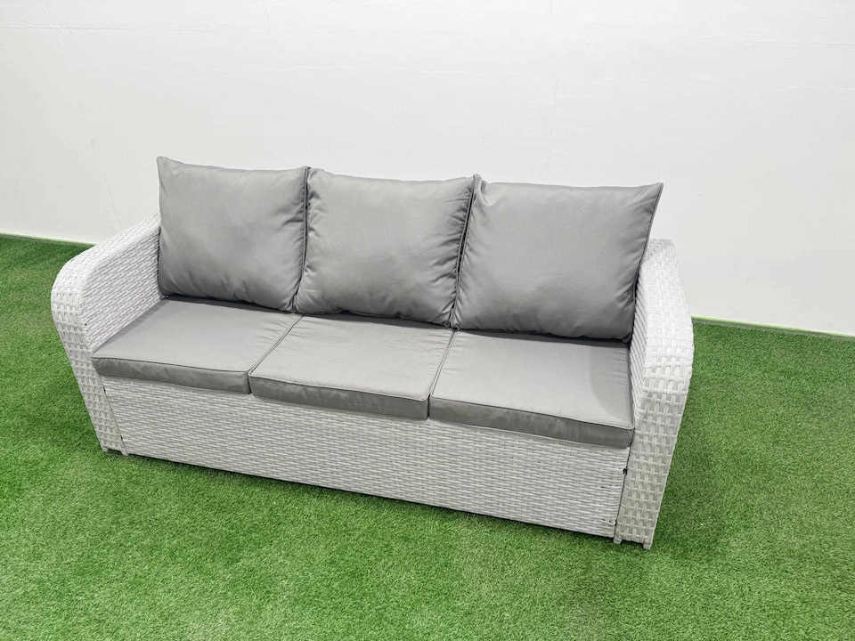 image 1 of Fimous PE Rattan Garden Furniture Set Reclining Chair Sofa Double Love Seat 2 Seater Sofa Lounge Set Rectangular Dining Table 2 Stools Side Table Light Grey