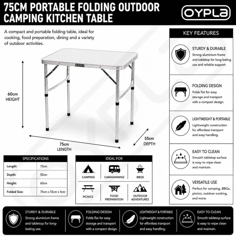 image 1 of 75cm Portable Folding Outdoor Camping Kitchen Work Top Table | White