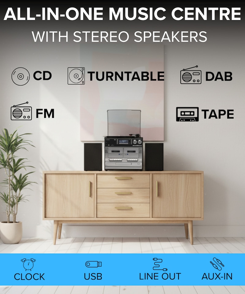 image 1 of Denver DAB/DAB+ Record Player Turntable, Cassette Player, CD Player HiFi with USB Recording & Memory Card Reader - MRD-166