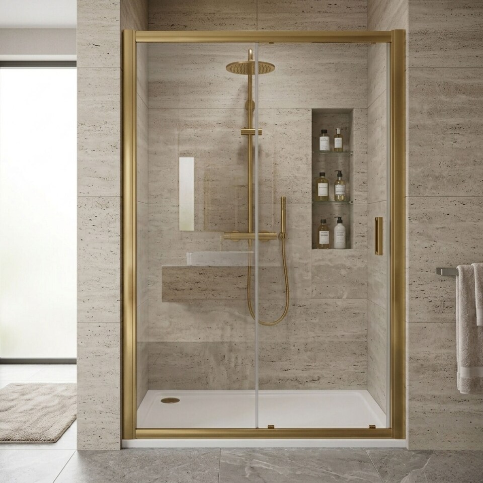 image 1 of Balterley Contemporary Glass Sliding Reversible Sliding Shower Door | Copper | Brushed Brass | 1