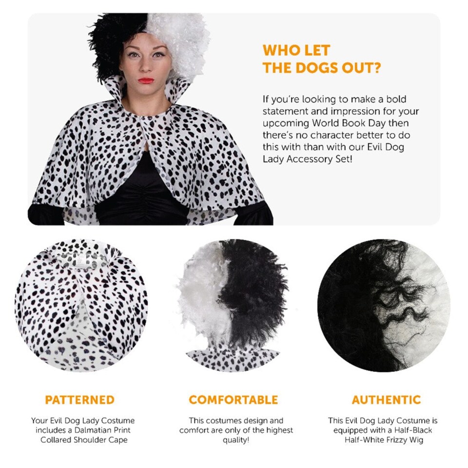 image 1 of Dalmatian Cape & Shaggy Wig Black | XL