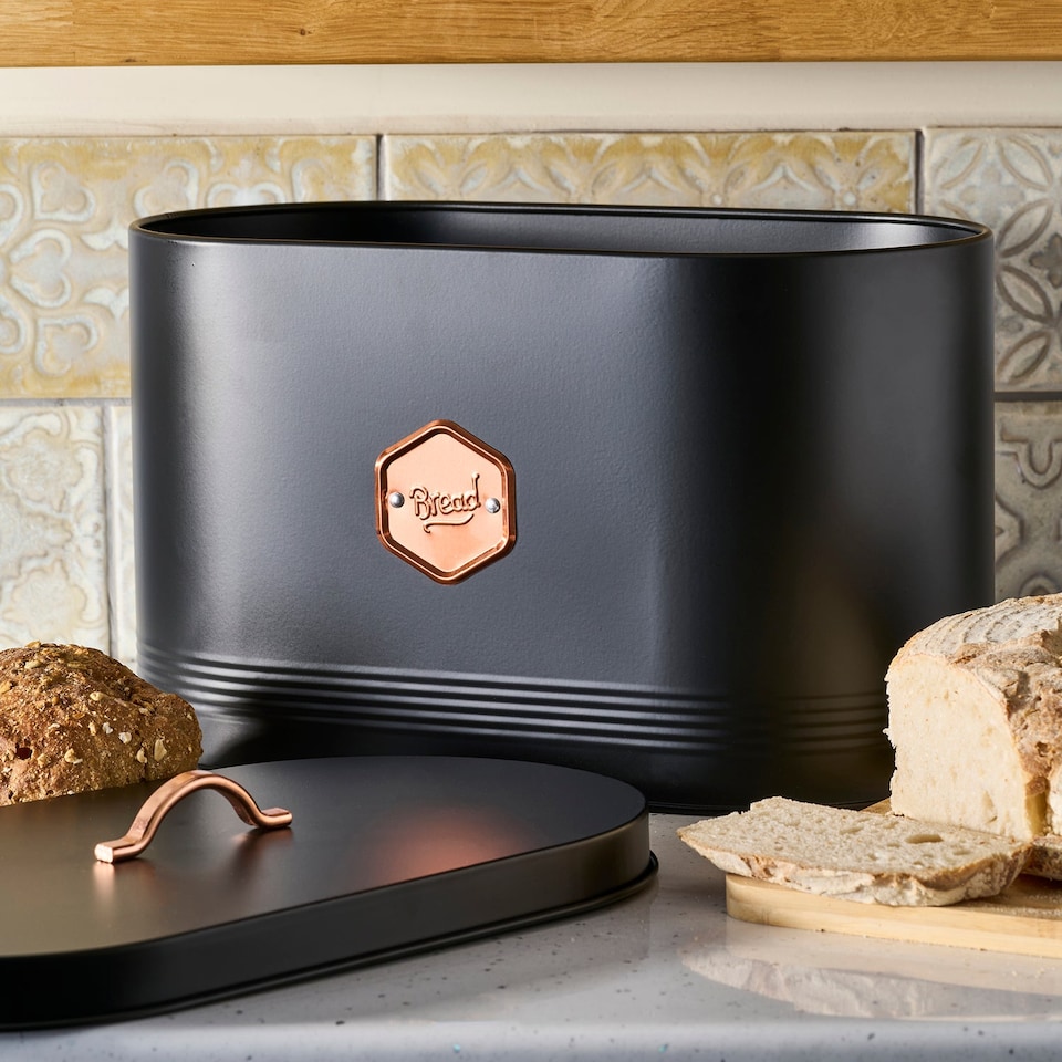 image 1 of Cooks Professional Bread Bin - Metal Food Storage Cannister with Nameplate | Black | Black & Copper
