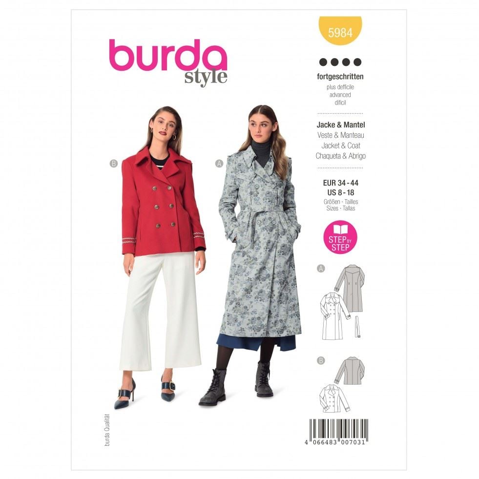 Burda 5984 Paper Sewing Pattern â Womenâs Coats & Jackets, Sizes 8â18 (34â44), Advanced