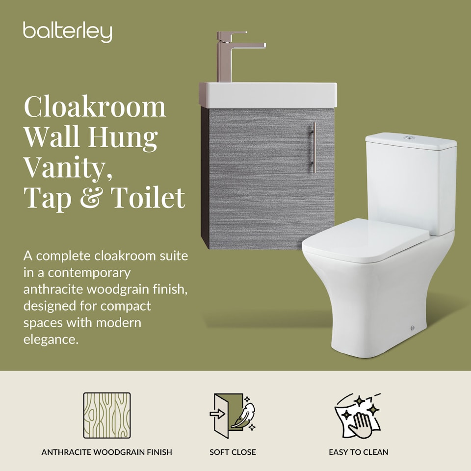 image 1 of Balterley Saint Cloakroom Set - Wall Hung Vanity Basin Unit, Toilet Pan, Cistern, Seat & Mini Basin Tap - Balterley | White | Grey Woodgrain | 520.0000 x 405.0000 x 222.0000mm