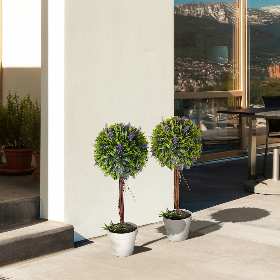 image 1 of HOMCOM Set of 2 Potted Artificial Plants Ball Tree with Lavender Flowers, 60cm