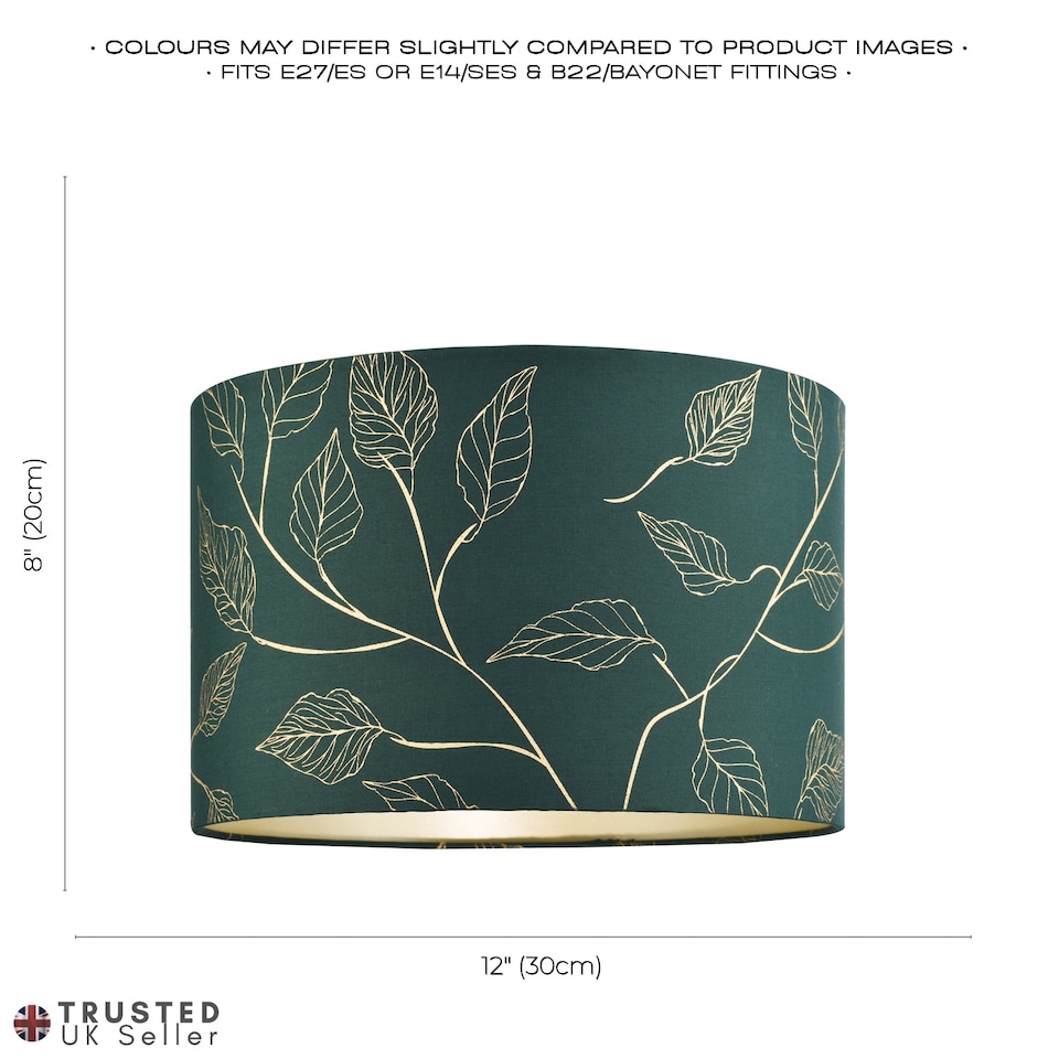 image 1 of Modern Forest Green Cotton Fabric Drum Lamp Shade with Gold Foil Floral Design | Green