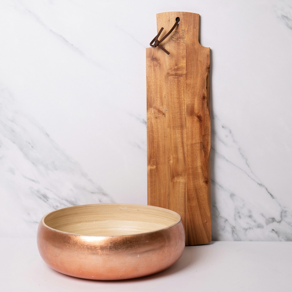 image 1 of 2pc Serving Set including Acacia Wood Baguette Board and 26cm Copper & Bamboo Serving Bowl Brown
