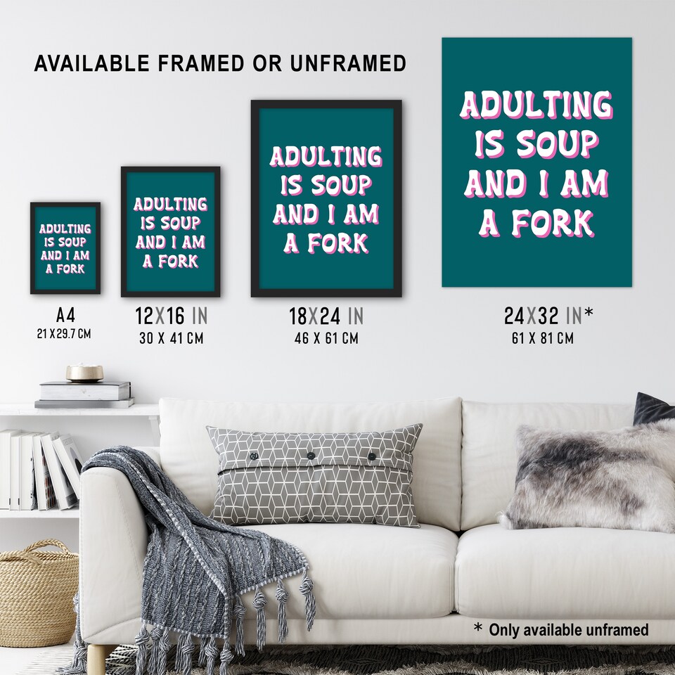 image 1 of Adulting Is Soup And I A Am Fork Teal Blue Funny Huge Wall Art Print 18X24 In