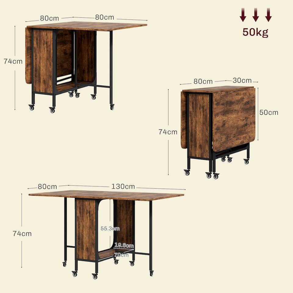 image 1 of HOMCOM Mobile Drop Leaf Dining Table on Wheels with Storage Shelf Rustic Brown
