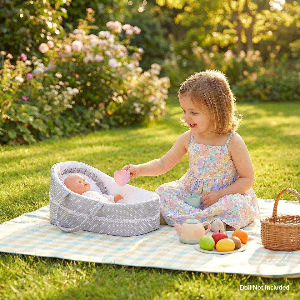 image 1 of BiBi Doll Baby Doll Grey Polka Dot Carry Cot up to 20" Dolls