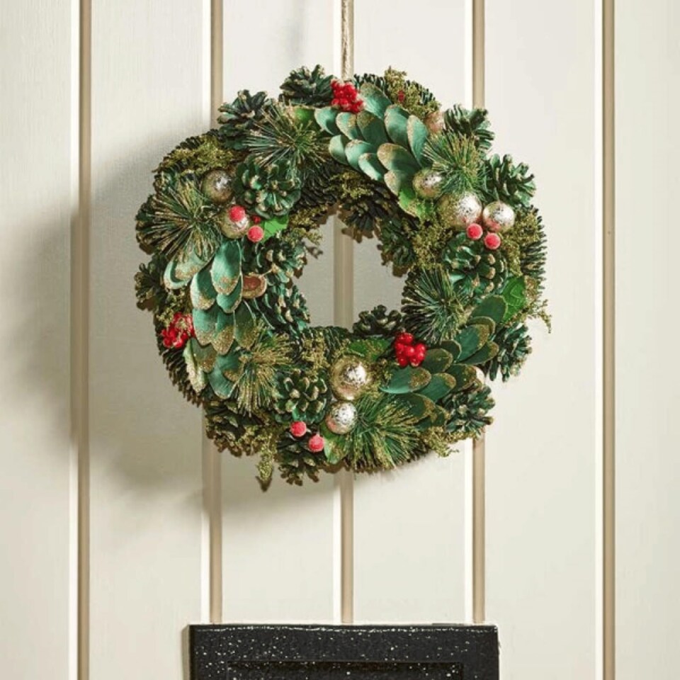 image 1 of 30cm Bauble and Pinecone Hanging Christmas Wreath with Red Berries