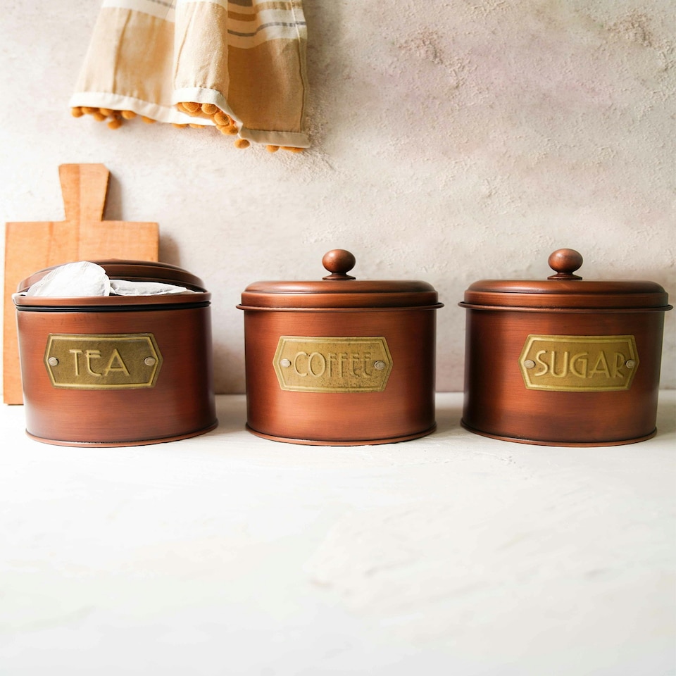 image 1 of Copper Coffee, Tea, And Sugar Canister Set - 17 cm (H) x 13 cm (Dia)