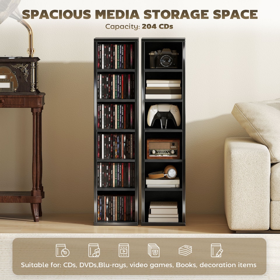 image 1 of HOMCOM Set of 2 CD Storage Units DVD Shelf with Adjustable Shelves | Black | High Gloss Black | 21W x 22.5D x 88.5H cm