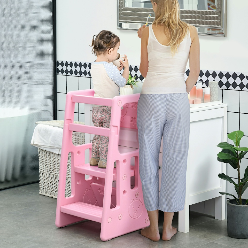 image 1 of HOMCOM Kids Step Stool, Adjustable Standing Platform, Toddler Kitchen Stool Pink