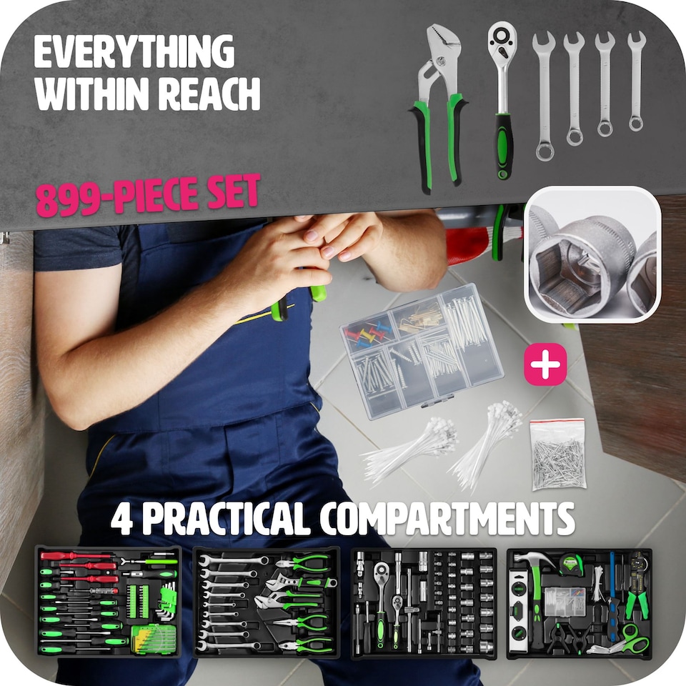 image 1 of Tool Box - 899-piece tool set, clear arrangement on 4 levels, with wheels