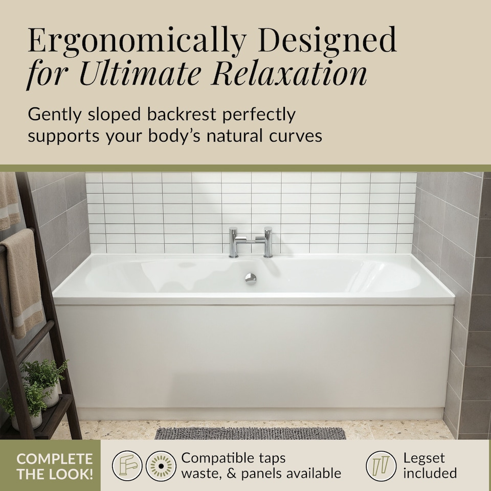 image 1 of Double Ended Straight Shower Bath with Leg Set, 1700mm x 750mm - White | White | White | 1