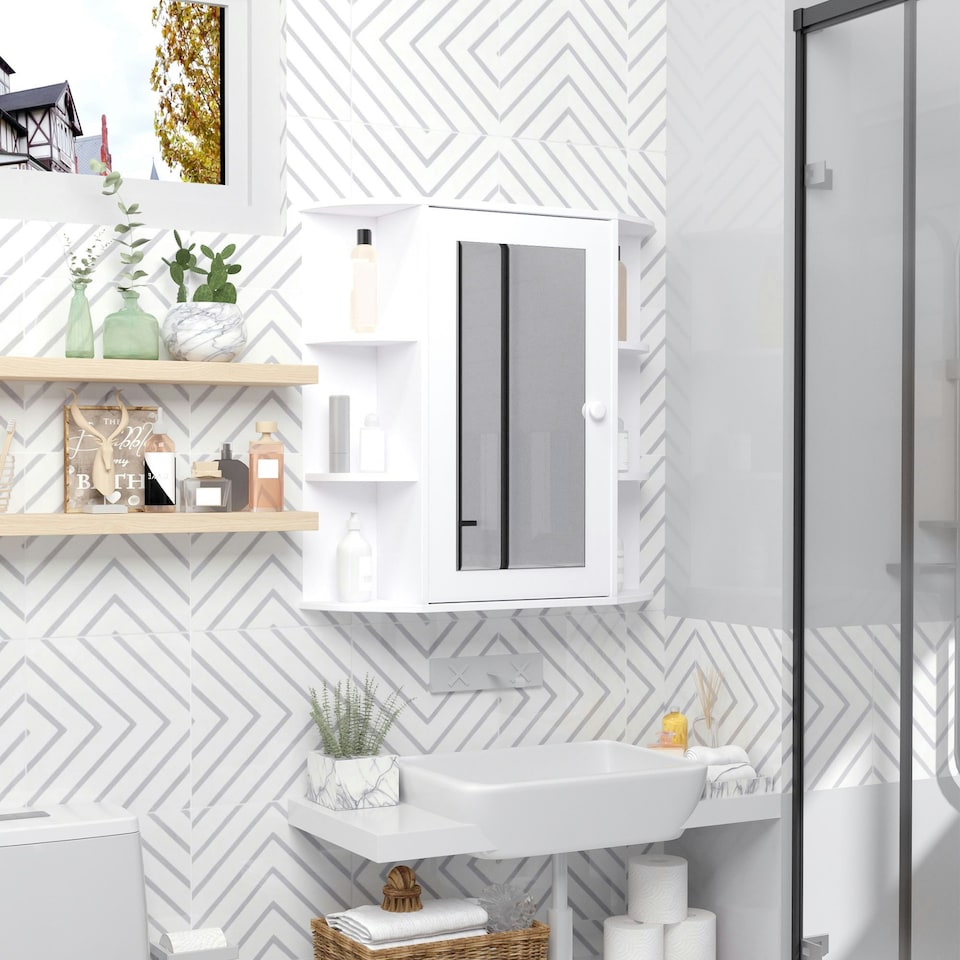 image 1 of HOMCOM Wall Mounted Bathroom Cabinet w/ Mirror Single Door Storage Shelves