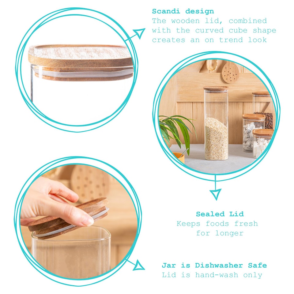 image 1 of Argon Tableware Square Glass Storage Jars with Wooden Lids - 2.2 Litre - Pack of 3