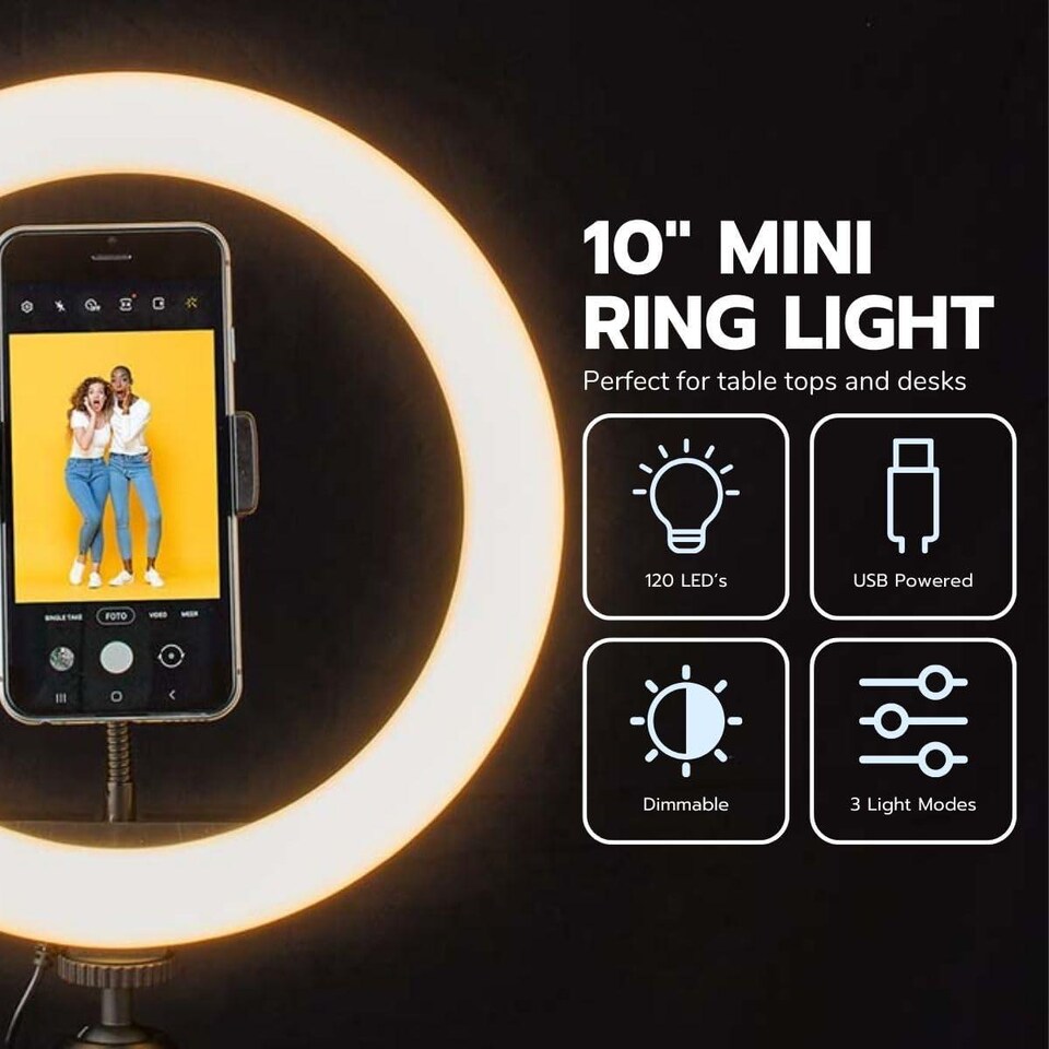 image 1 of Nedis Ring Light, 10" LED Ring Lamp with 120 LEDs on Aluminium Table Stand, USB Powered, with Flexible Phone Holder, 10 Light Modes