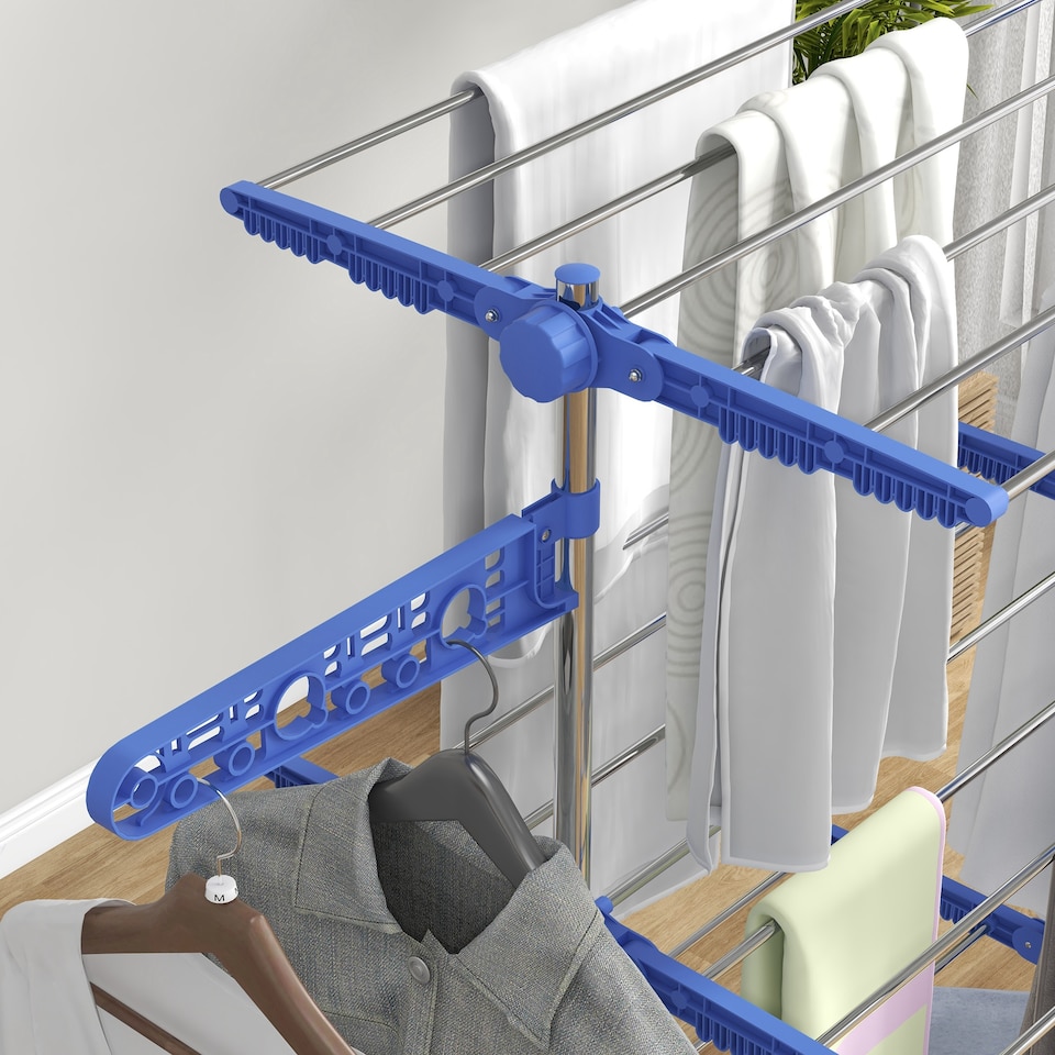 image 1 of HOMCOM 3-Tier Clothes Airer, Stainless Steel Foldable Clothes Drying Rack with Wheels and Wings, Indoor and Outdoor, Easy Assembly, 142 x 55 x 152cm, Blue
