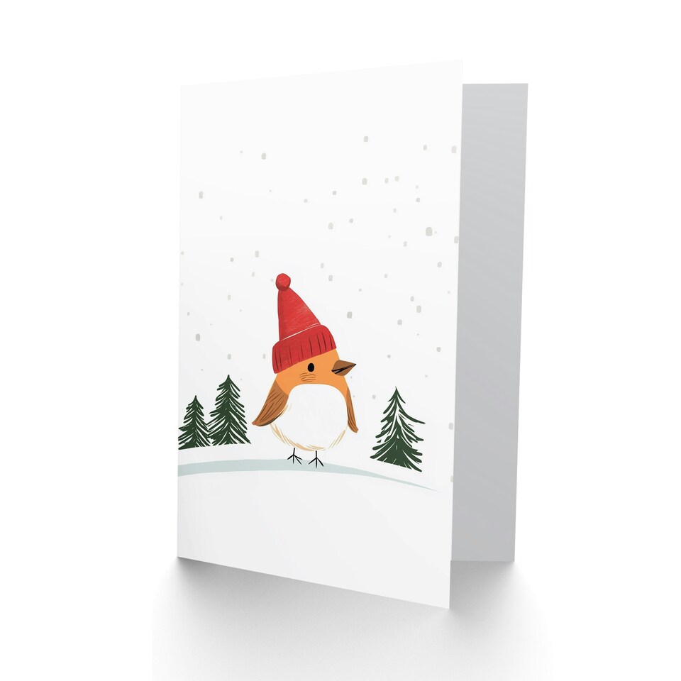 image 1 of Greeting Card Robin Bird Wearing Winter Hat Snowy Landscape Blank For Him Or Her Art Xmas Christmas Card