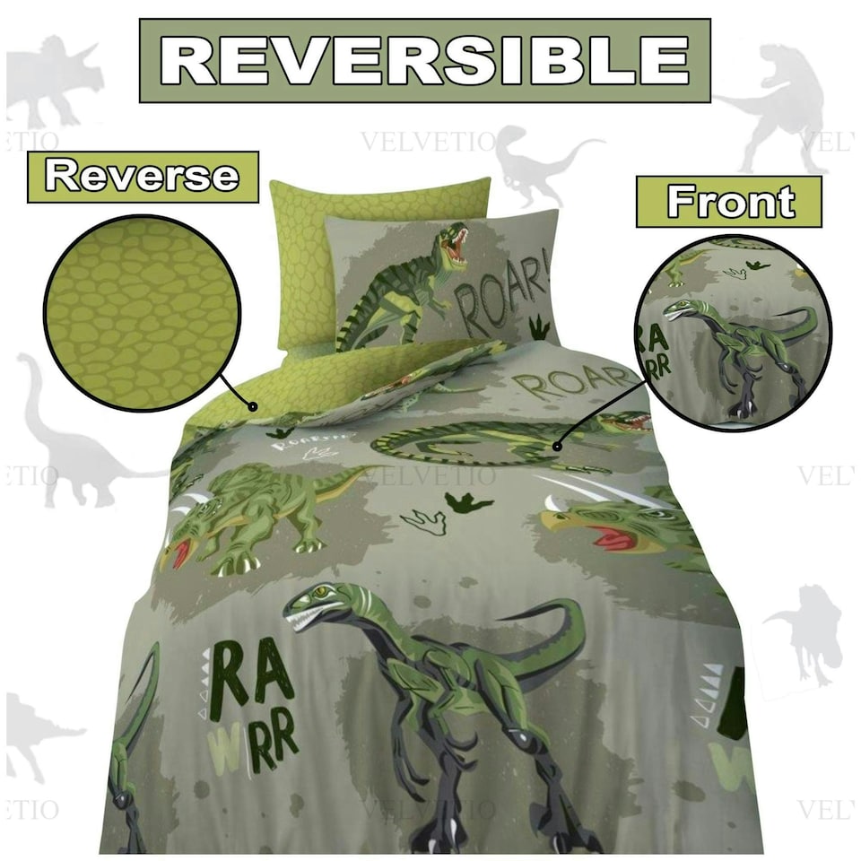 image 1 of VELVETIO Kids Roar Dinosaur Duvet Cover Set Printed Beddings Multi | Single