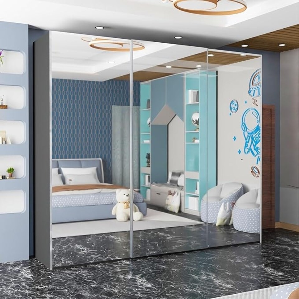 image 1 of Expansive 250cm 3-Door Sliding Mirrored Wardrobe with Integrated Drawers | White, Black, Grey Finish Grey | Grey250cm