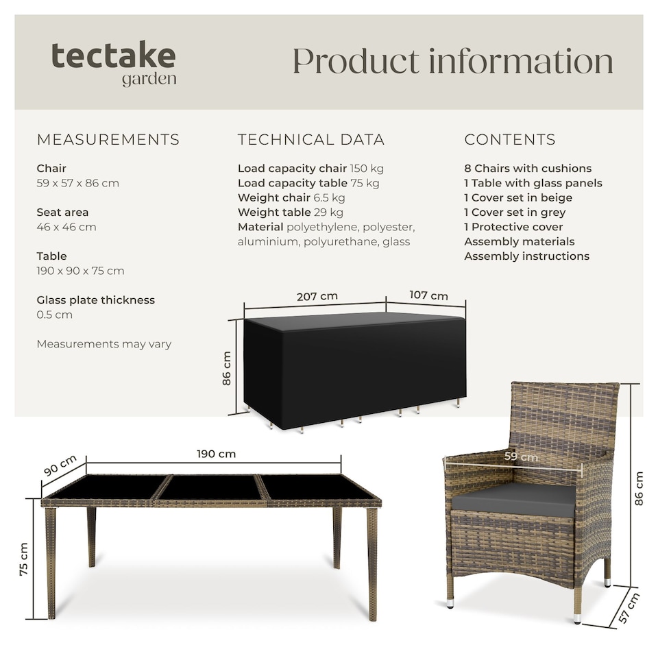 image 1 of Garden Table and Chairs Menorca - 8 armchairs, dining table, protective cover | Brown | nature | 59 x 57 x 86 cm | 1