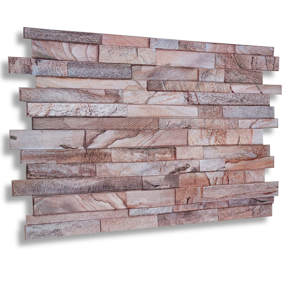 image 1 of NOVECRAFTO 3D Stone Brick Wall Panels – 6 PVC Sheets, Covers 2.76 sqm (29.76 sq ft), 96x48cm Each – Rose Marble Slim Brick Effect Cladding for Any Room