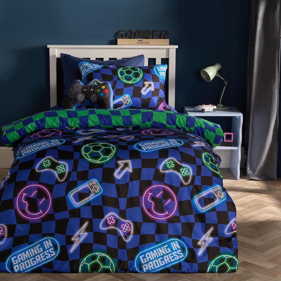 image 1 of OHS Kids Neon Checkerboard Bedding Set Duvet Cover with Pillowcase | Blue | Blue | Single