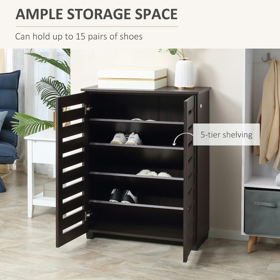 image 1 of HOMCOM Shoe Storage Cabinet with Slatted Doors for 15 Pairs of Shoes Brown Brown