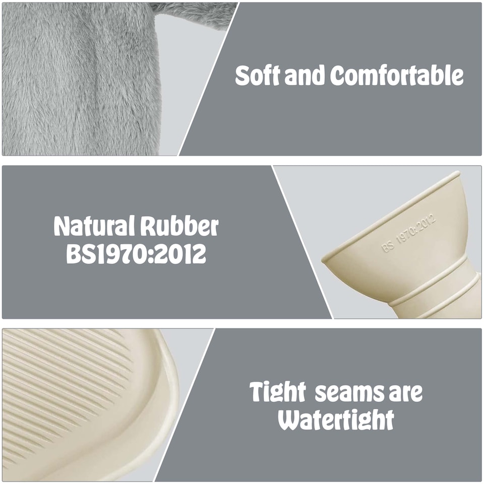 image 1 of Large 1L Natural Rubber Hot Water Bottle Warm Knitted Fleece & Faux Fur Cover