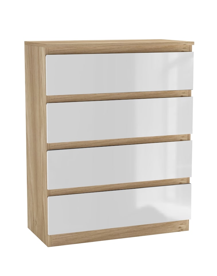 image 1 of Gloss 4 Drawer Chest No Handle Storage Cabinet | Brown | Oak Carcass & Gloss White Drawers | 1