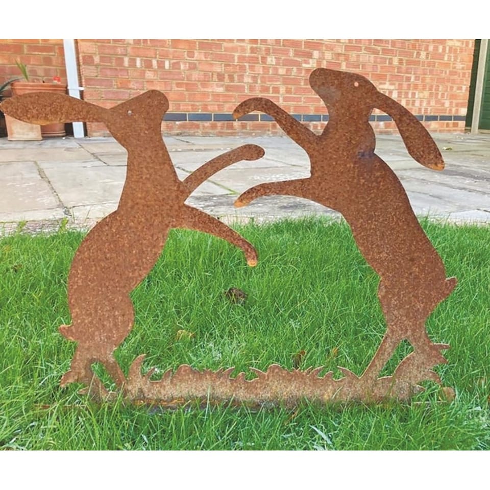 image 1 of Boxing Hares on Grass Garden Silhouettes - Steel - W50 x H50 cm - Bare Metal/Ready to Rust