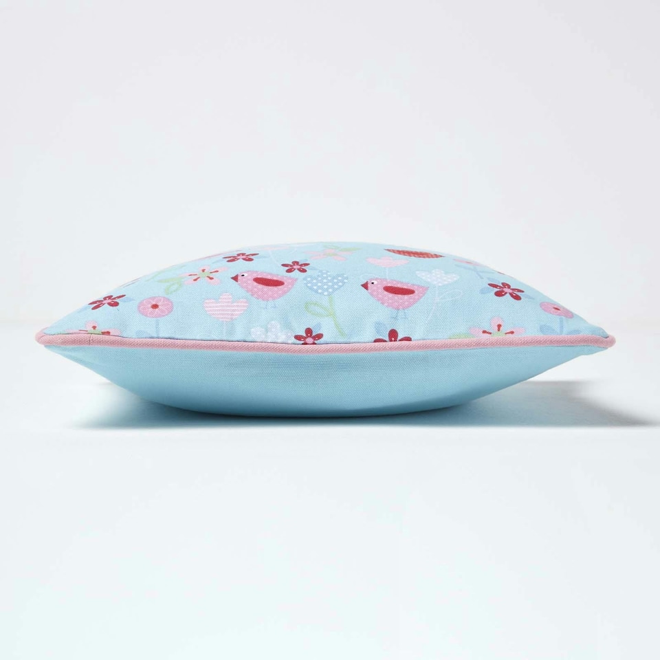 image 1 of Homescapes Cotton Birds and Flower Cushion Cover - 30 x 30 cm | Blue | Blue | 30 x 30 cm