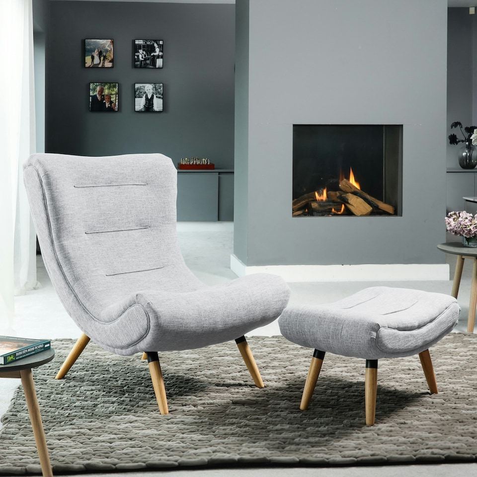 image 1 of Madelia Textured Fabric Accent Chair and Stool - Light Grey