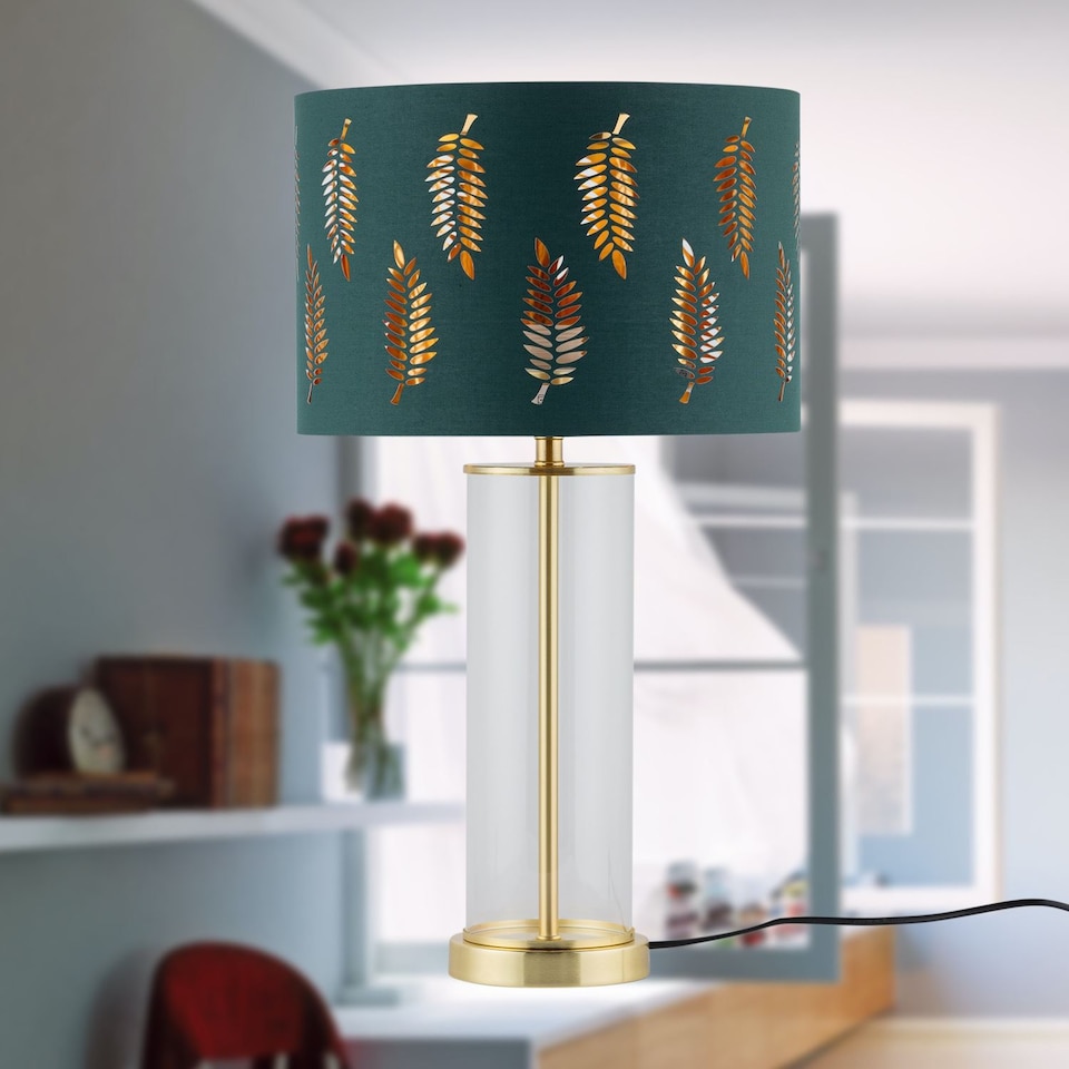 image 1 of Aura - Satin Brass Table Lamp with Green Fern Cut Out Silver Shade | Gold | Green | Large | 1